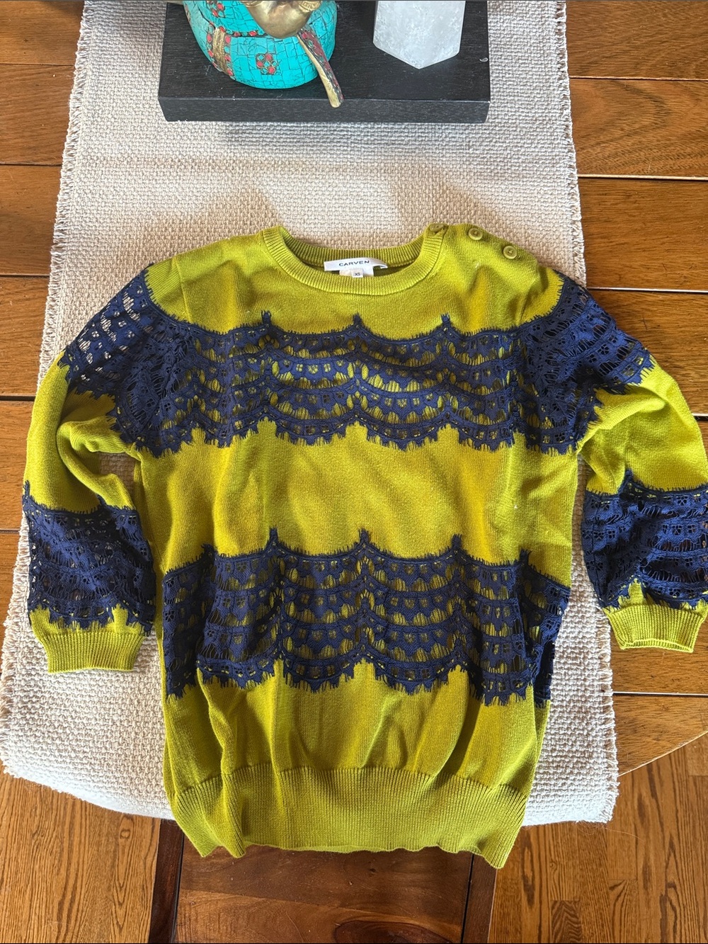 Carven Olive Green Sweater with Navy Lace Panels